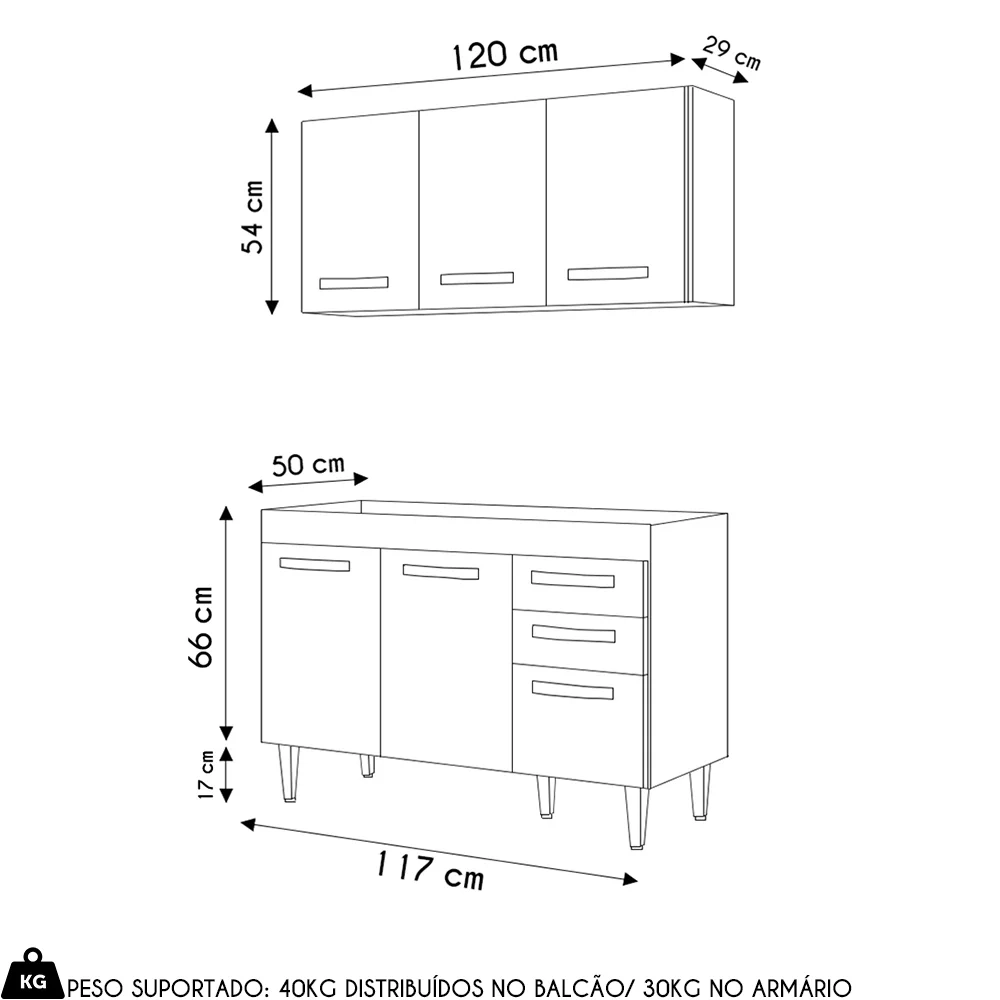 Armário Aéreo Honduras e Balcão Gabinete sem Tampo 120cm Suécia Cinza - Lumil
