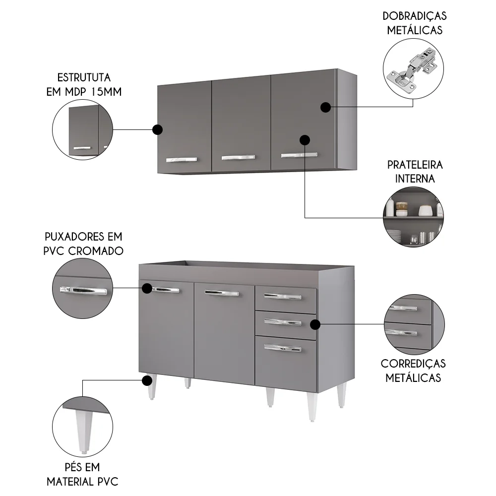 Armário Aéreo Honduras e Balcão Gabinete sem Tampo 120cm Suécia Cinza - Lumil