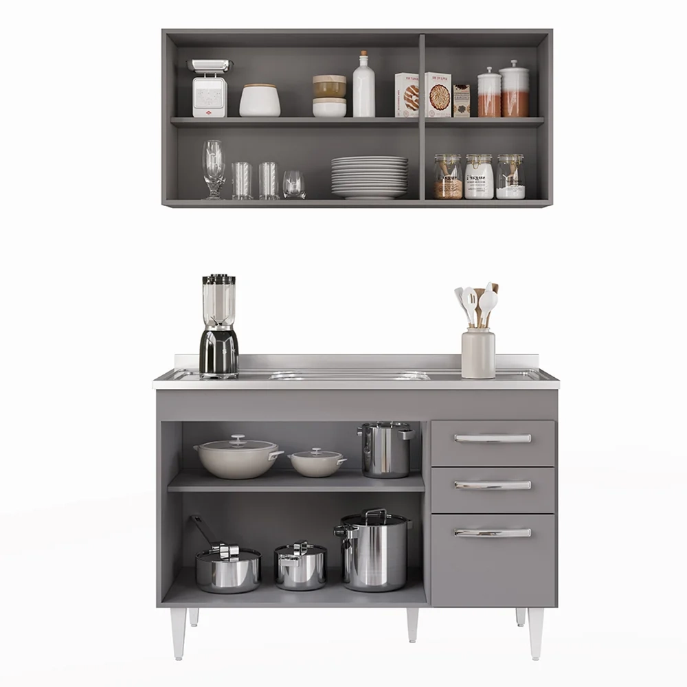 Armário Aéreo Honduras e Balcão Gabinete com Pia 120cm Suécia Cinza - Lumil
