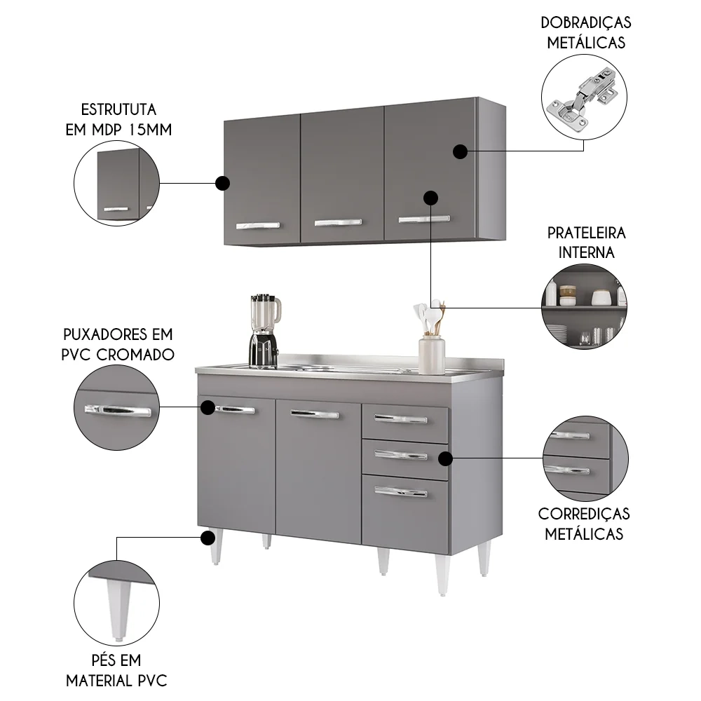 Armário Aéreo Honduras e Balcão Gabinete com Pia 120cm Suécia Cinza - Lumil
