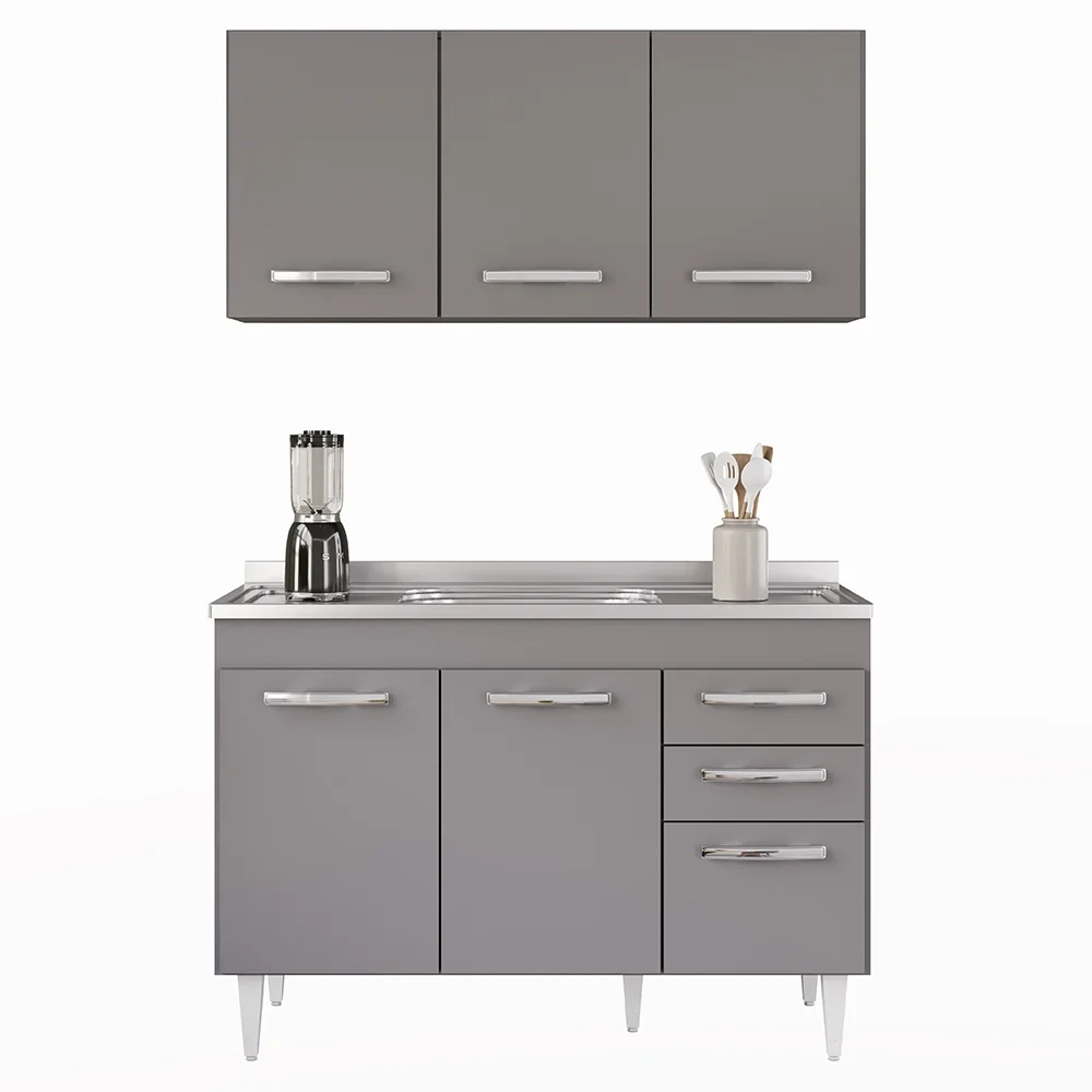 Armário Aéreo Honduras e Balcão Gabinete com Pia 120cm Suécia Cinza - Lumil