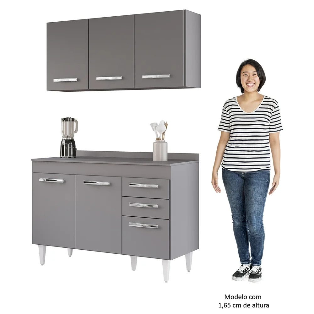 Armário Aéreo Honduras e Balcão Gabinete com Tampo 120cm Suécia Cinza - Lumil