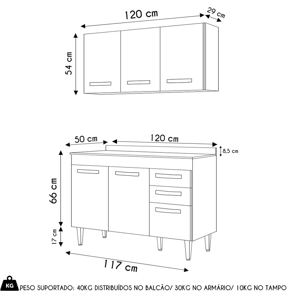 Armário Aéreo Honduras e Balcão Gabinete com Tampo 120cm Suécia Cinza - Lumil