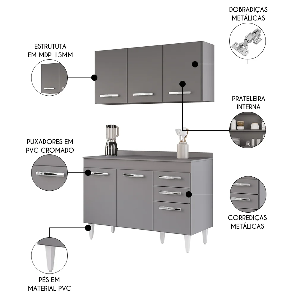 Armário Aéreo Honduras e Balcão Gabinete com Tampo 120cm Suécia Cinza - Lumil