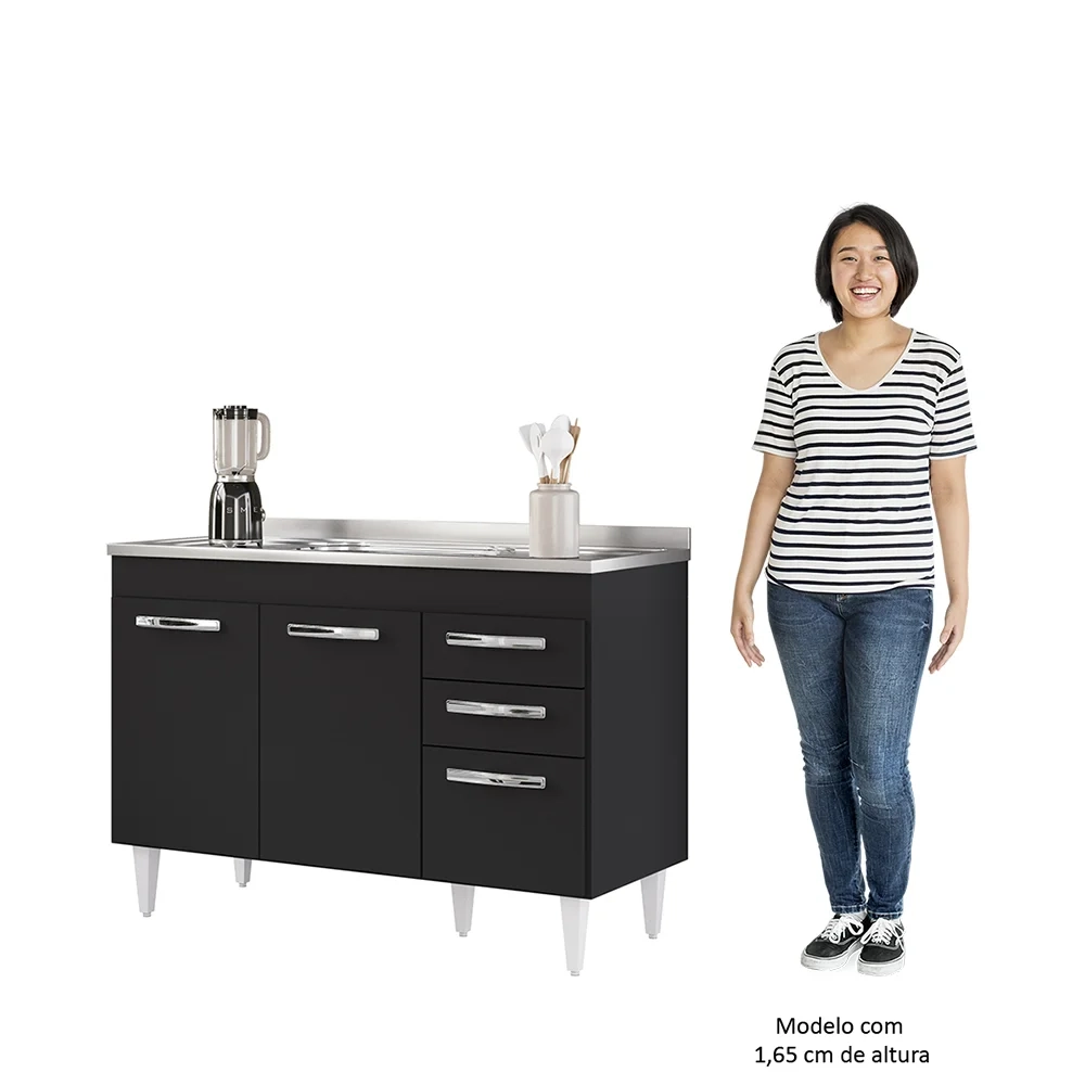 Balcão Gabinete com Pia Inox 120cm 3 Portas 2 Gavetas Suécia Preto - Lumil
