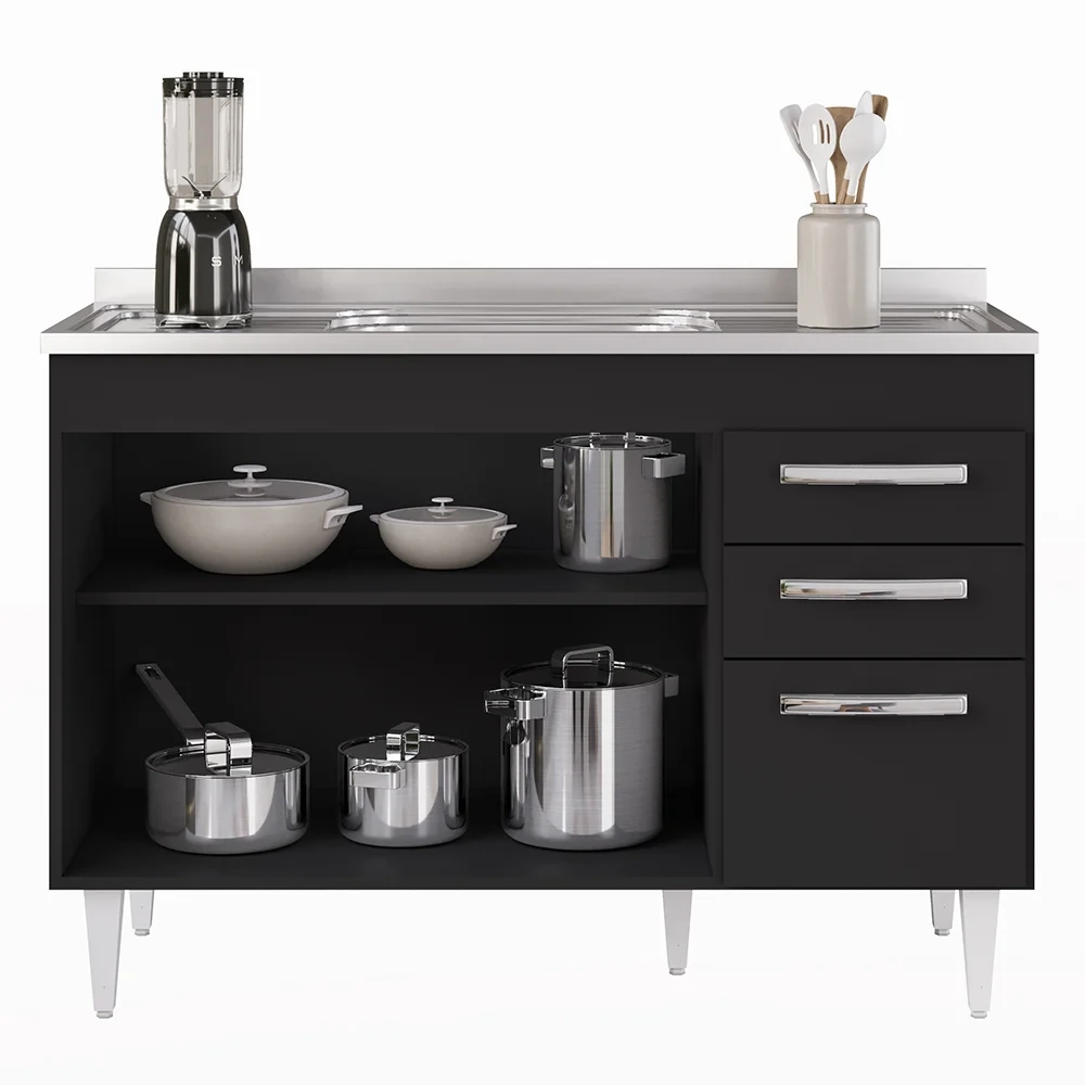 Balcão Gabinete com Pia Inox 120cm 3 Portas 2 Gavetas Suécia Preto - Lumil