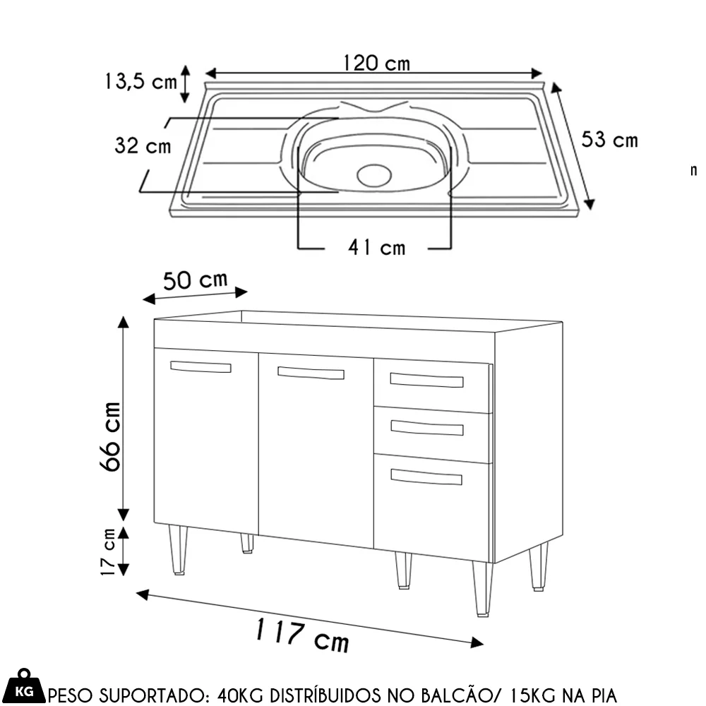 Balcão Gabinete com Pia Inox 120cm 3 Portas 2 Gavetas Suécia Preto - Lumil