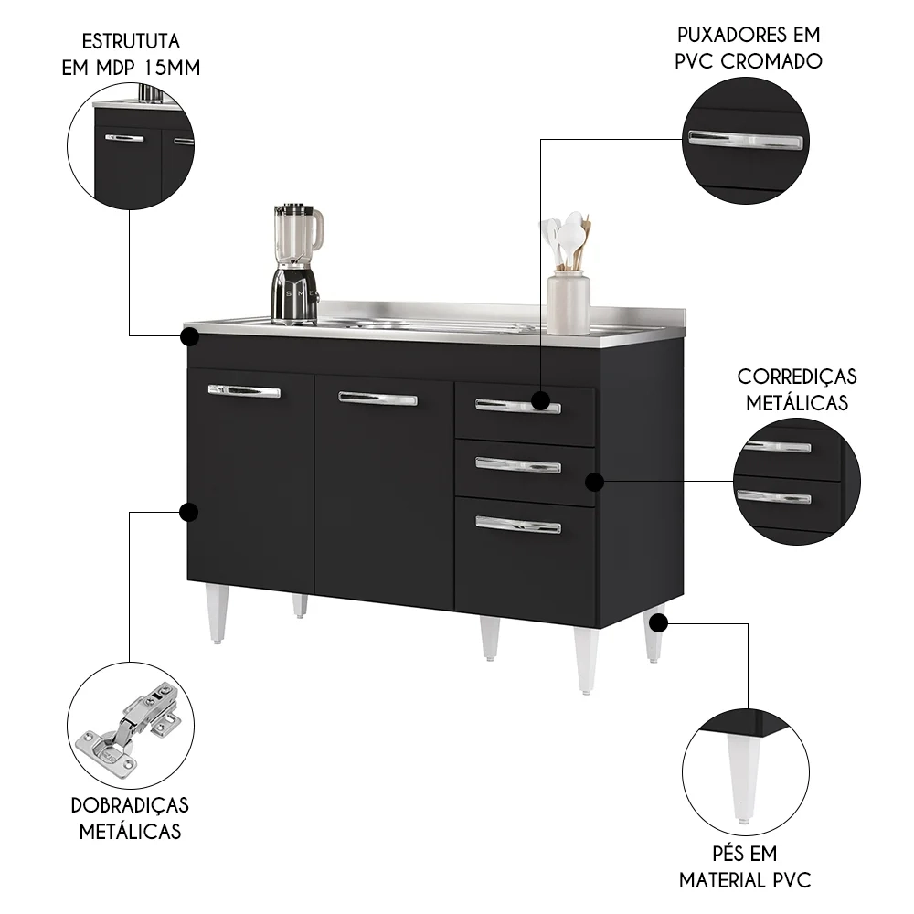 Balcão Gabinete com Pia Inox 120cm 3 Portas 2 Gavetas Suécia Preto - Lumil