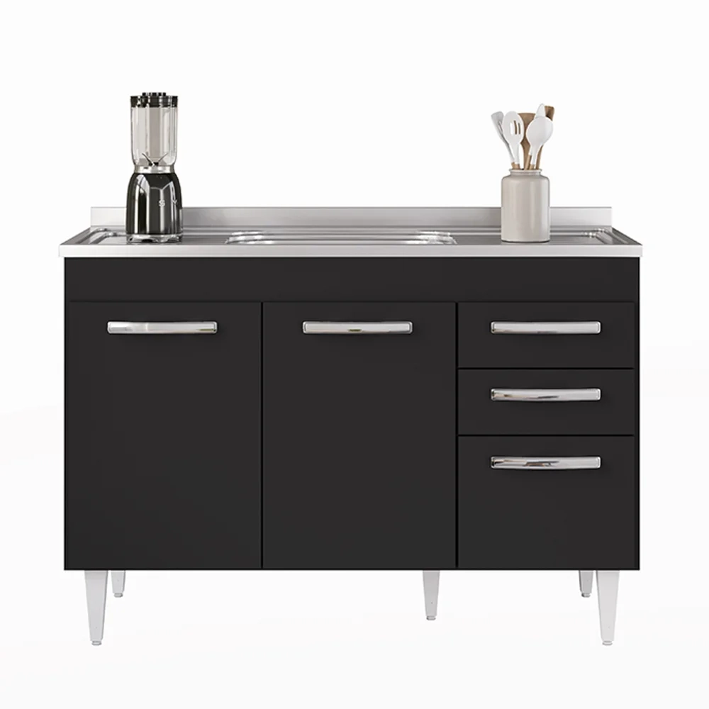 Balcão Gabinete com Pia Inox 120cm 3 Portas 2 Gavetas Suécia Preto - Lumil