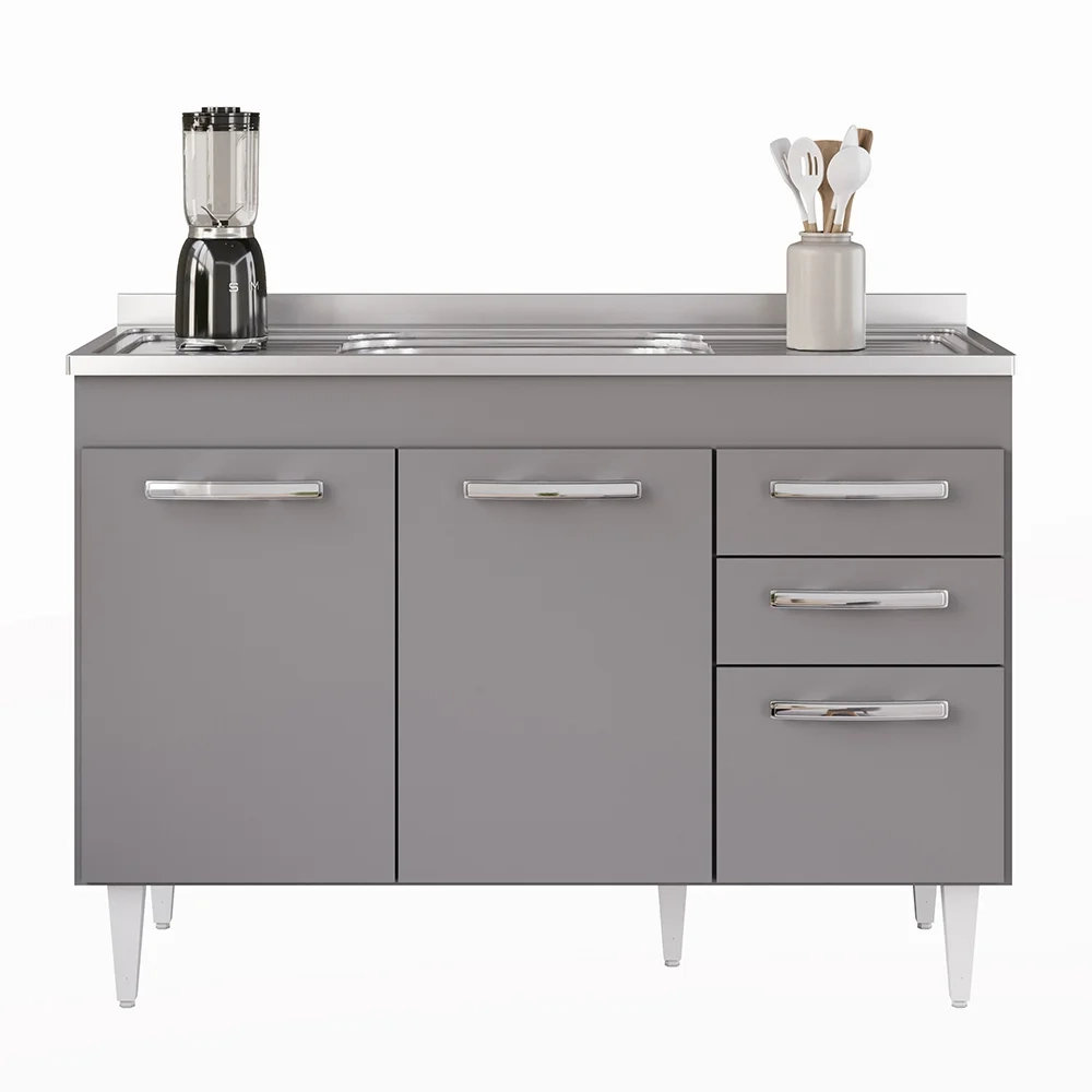 Balcão Gabinete com Pia Inox 120cm 3 Portas 2 Gavetas Suécia Cinza - Lumil