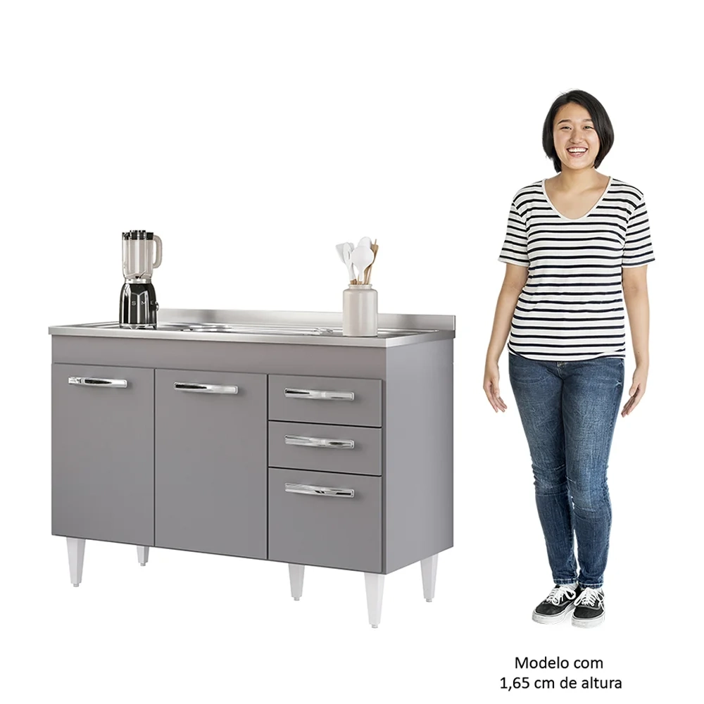Balcão Gabinete com Pia Inox 120cm 3 Portas 2 Gavetas Suécia Cinza - Lumil