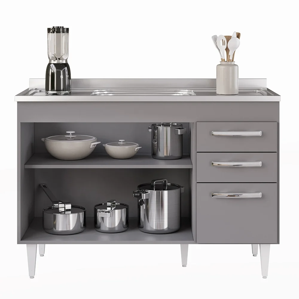 Balcão Gabinete com Pia Inox 120cm 3 Portas 2 Gavetas Suécia Cinza - Lumil