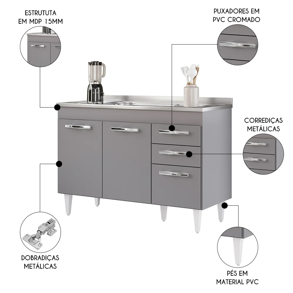 Balcão Gabinete com Pia Inox 120cm 3 Portas 2 Gavetas Suécia Cinza - Lumil