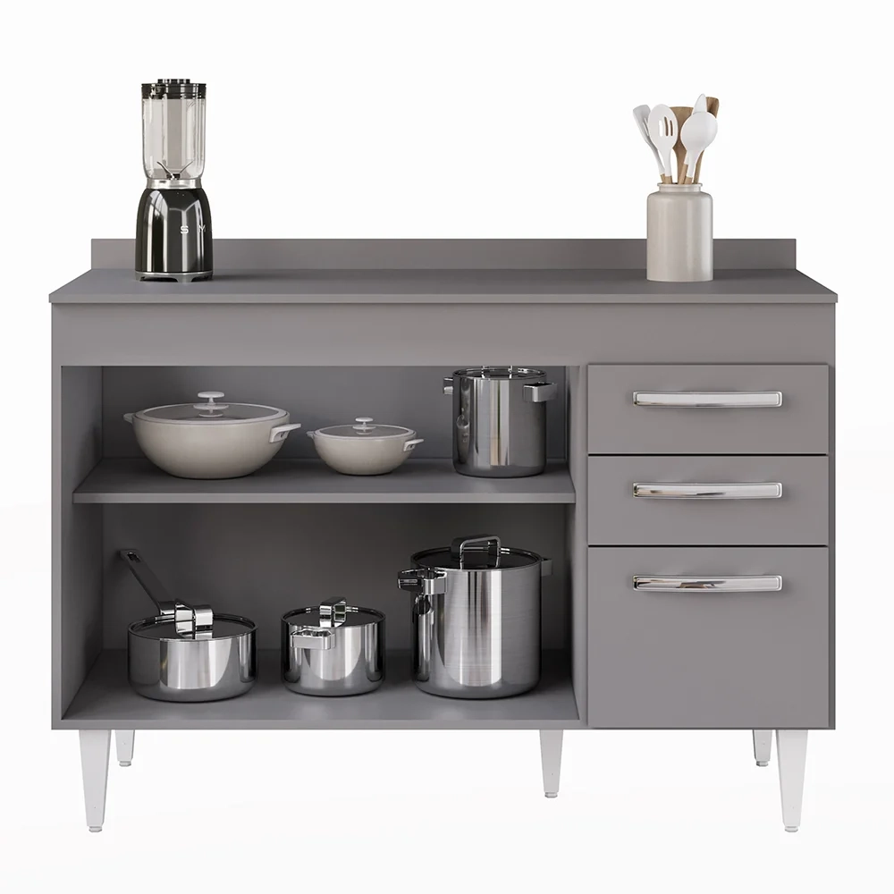 Balcão Gabinete Para Pia 120cm 3 Portas com Tampo Suécia Cinza - Lumil