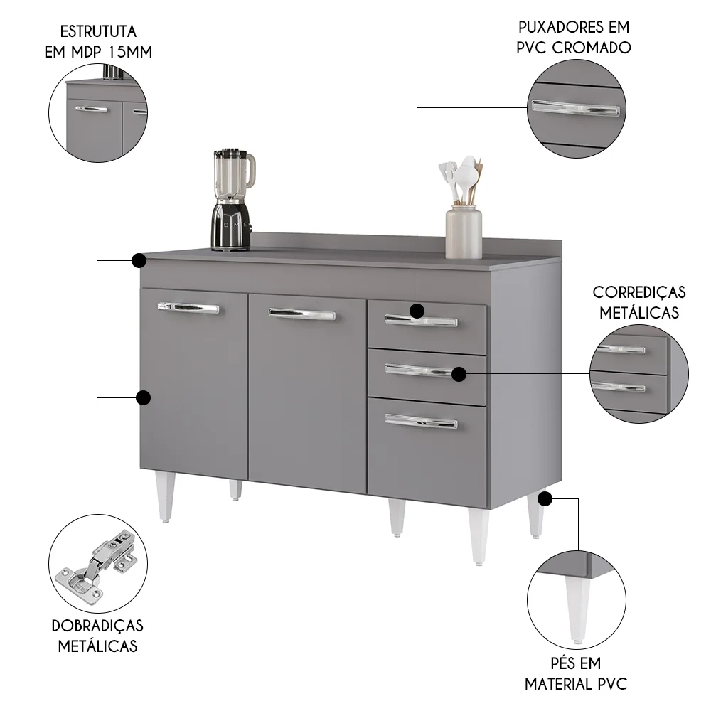 Balcão Gabinete Para Pia 120cm 3 Portas com Tampo Suécia Cinza - Lumil