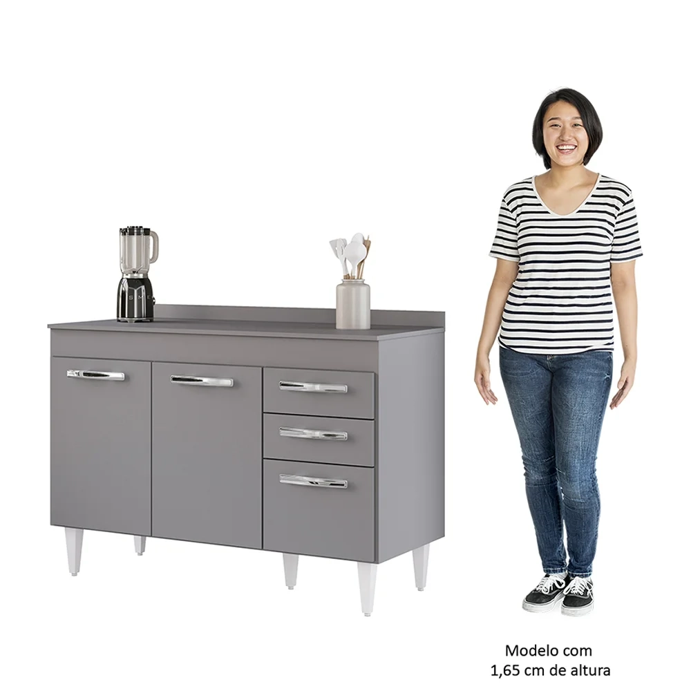 Balcão Gabinete Para Pia 120cm 3 Portas com Tampo Suécia Cinza - Lumil