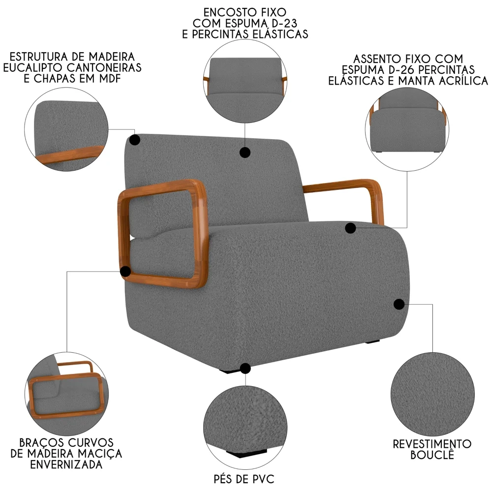 Poltrona Decorativa Orgânica para Sala Kit 2 Belarus Z08 Boucle Cinza - Mpozenato