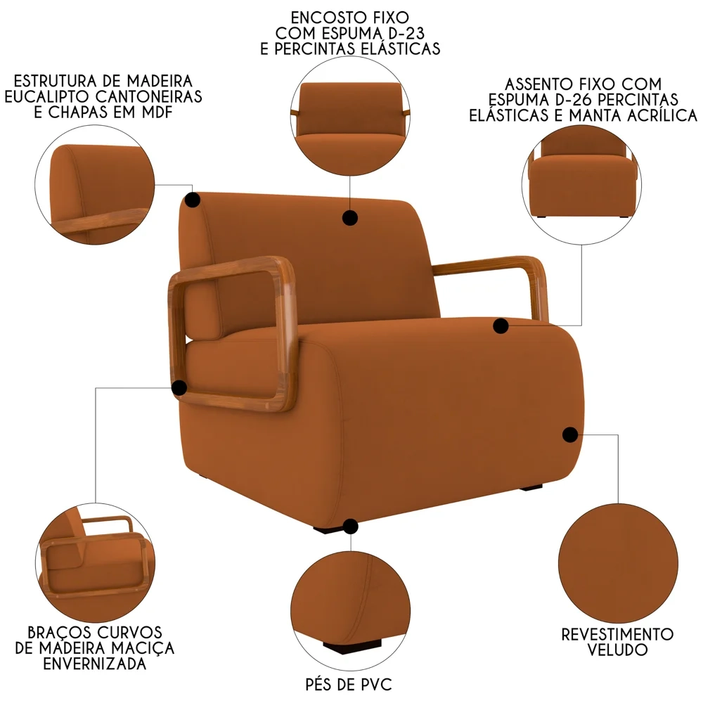 Poltrona Decorativa Orgânica para Sala Kit 2 Belarus Z08 Veludo Telha - Mpozenato