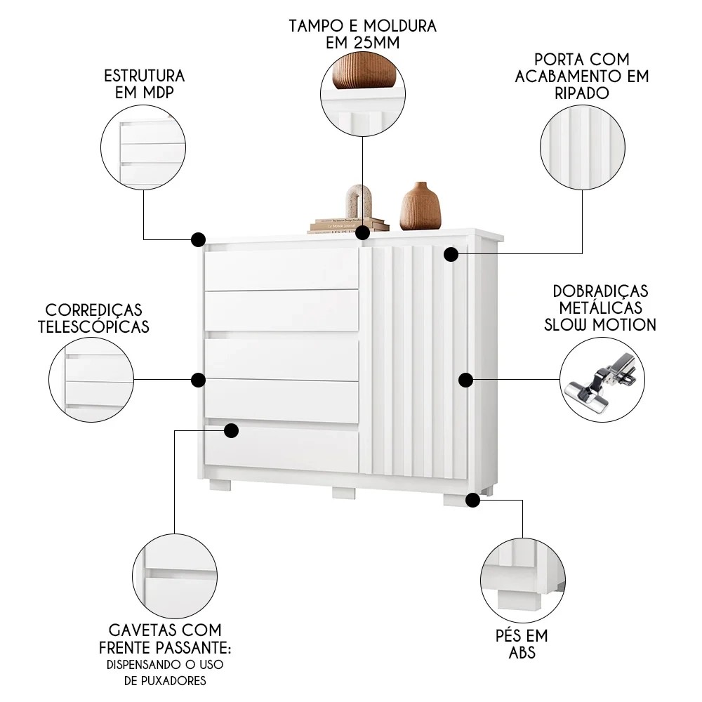Cômoda Sapateira 1 Porta 5 Gavetas 125cm Duetto Branco - Albatroz