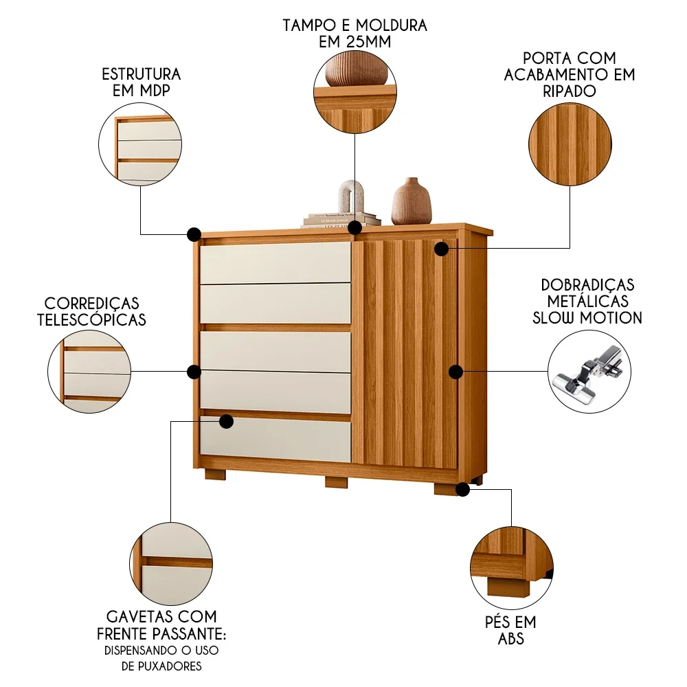 Cômoda Sapateira 1 Porta 5 Gavetas 125cm Duetto Cinamomo/Off White - Albatroz