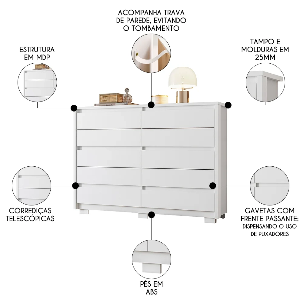 Cômoda para Quarto 10 Gavetas 151cm Duetto Branco - Albatroz