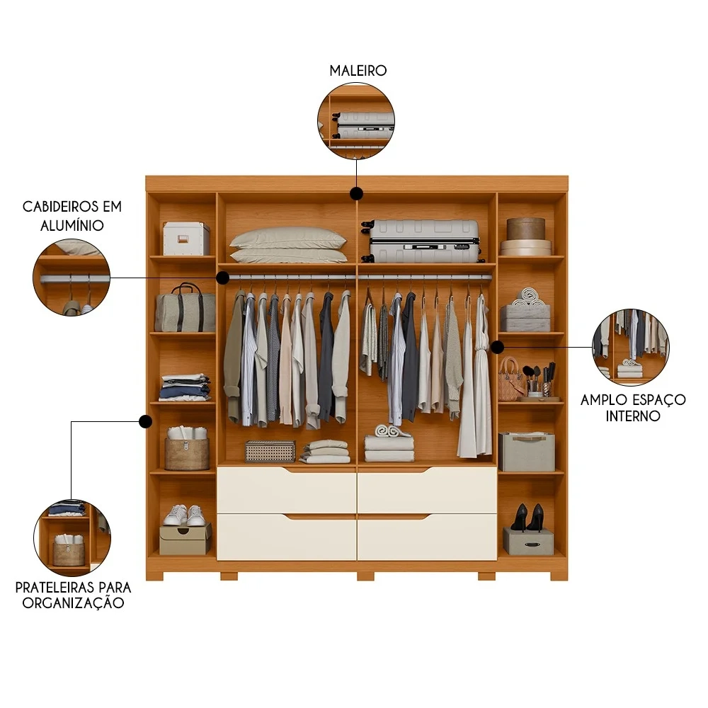 Guarda Roupa Casal 6 Portas 4 Gavetas 240cm Doble Cinamomo/Off White - Albatroz