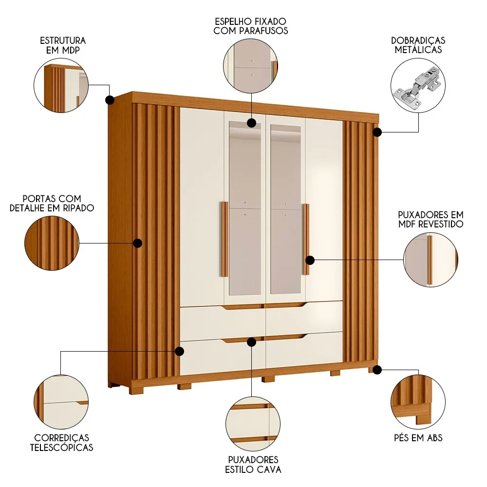 Guarda Roupa Casal 6 Portas Com Espelho 240cm Doble Cinamomo/Off White - Albatroz