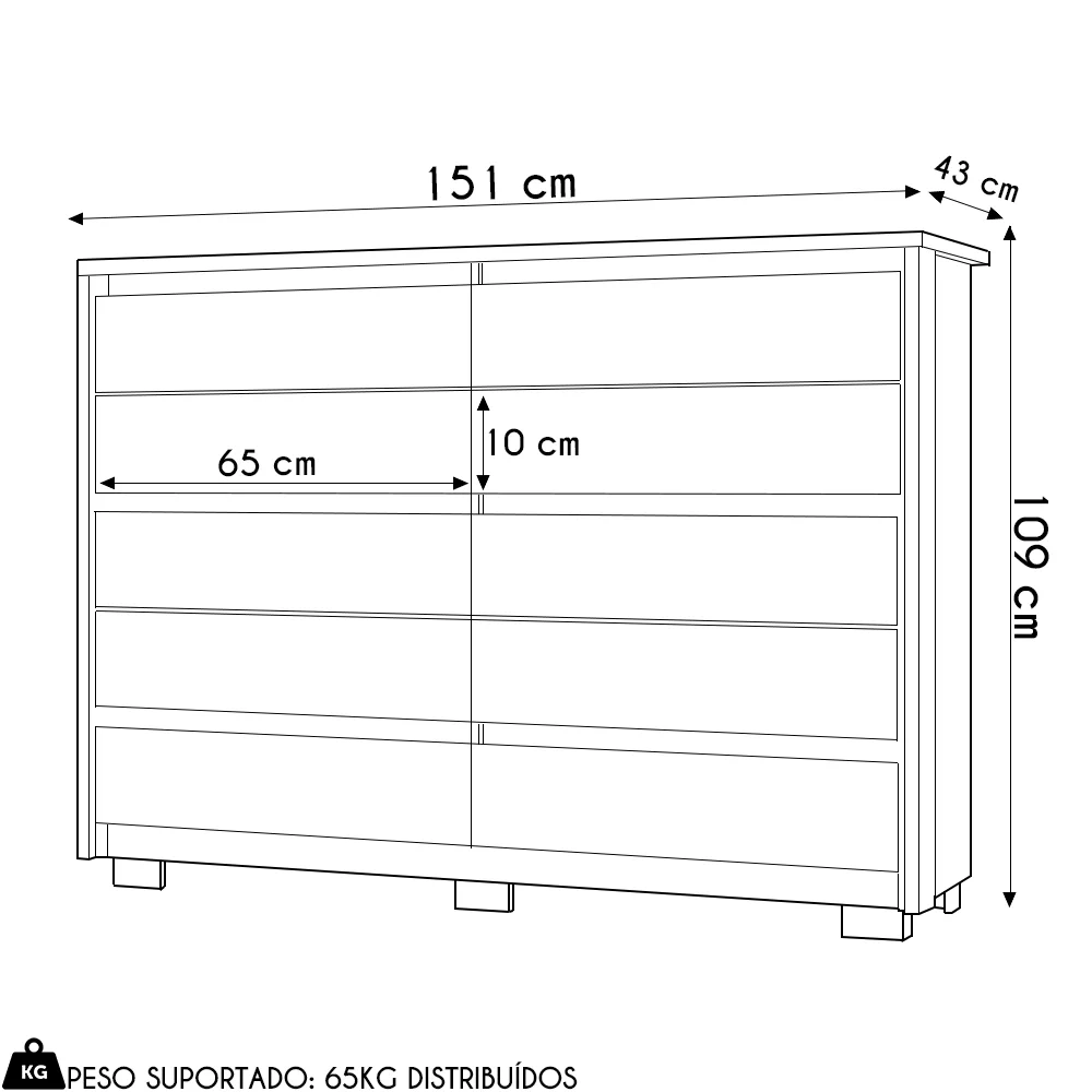Cômoda para Quarto 10 Gavetas 151cm Duetto Cinamomo/Off White - Albatroz