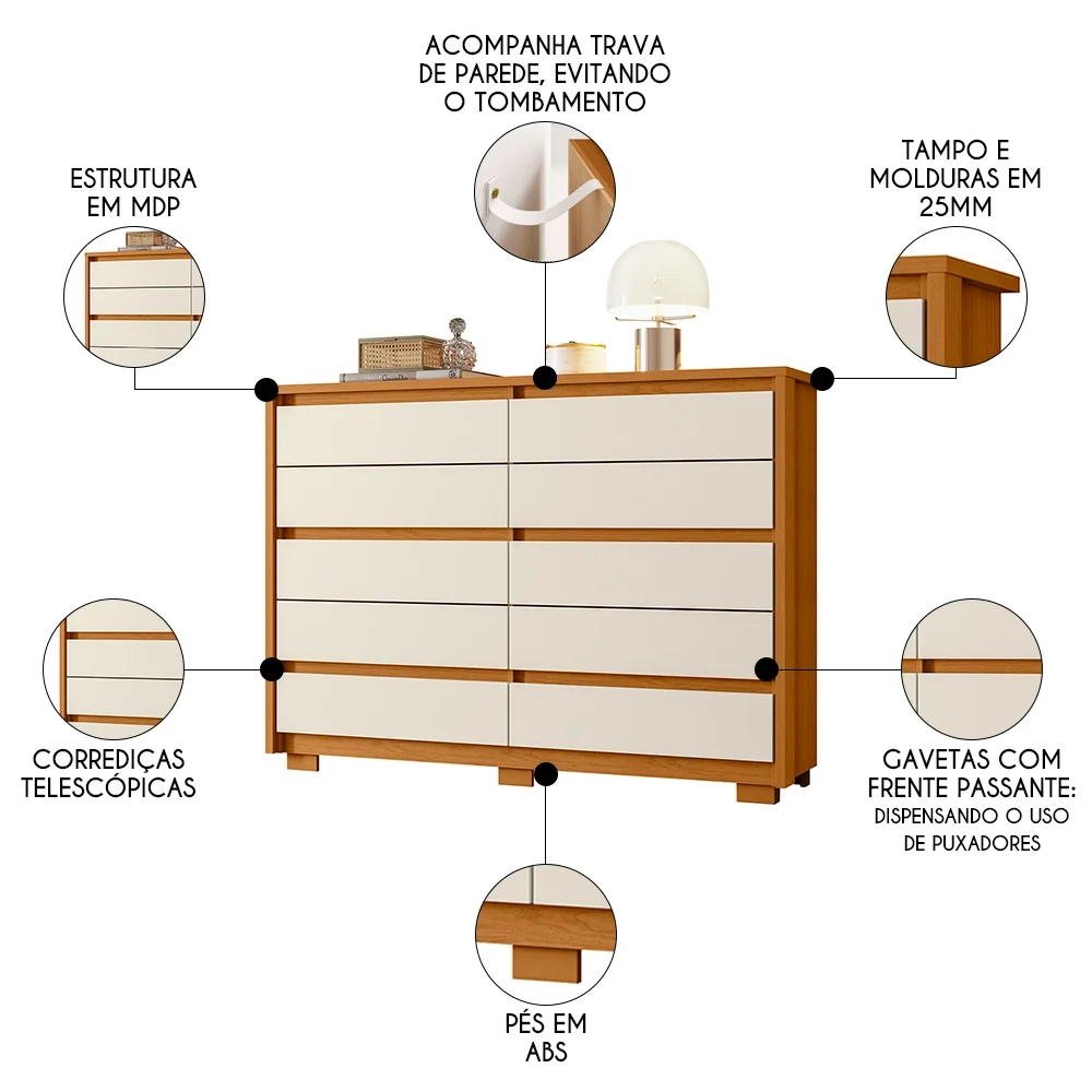 Cômoda para Quarto 10 Gavetas 151cm Duetto Cinamomo/Off White - Albatroz