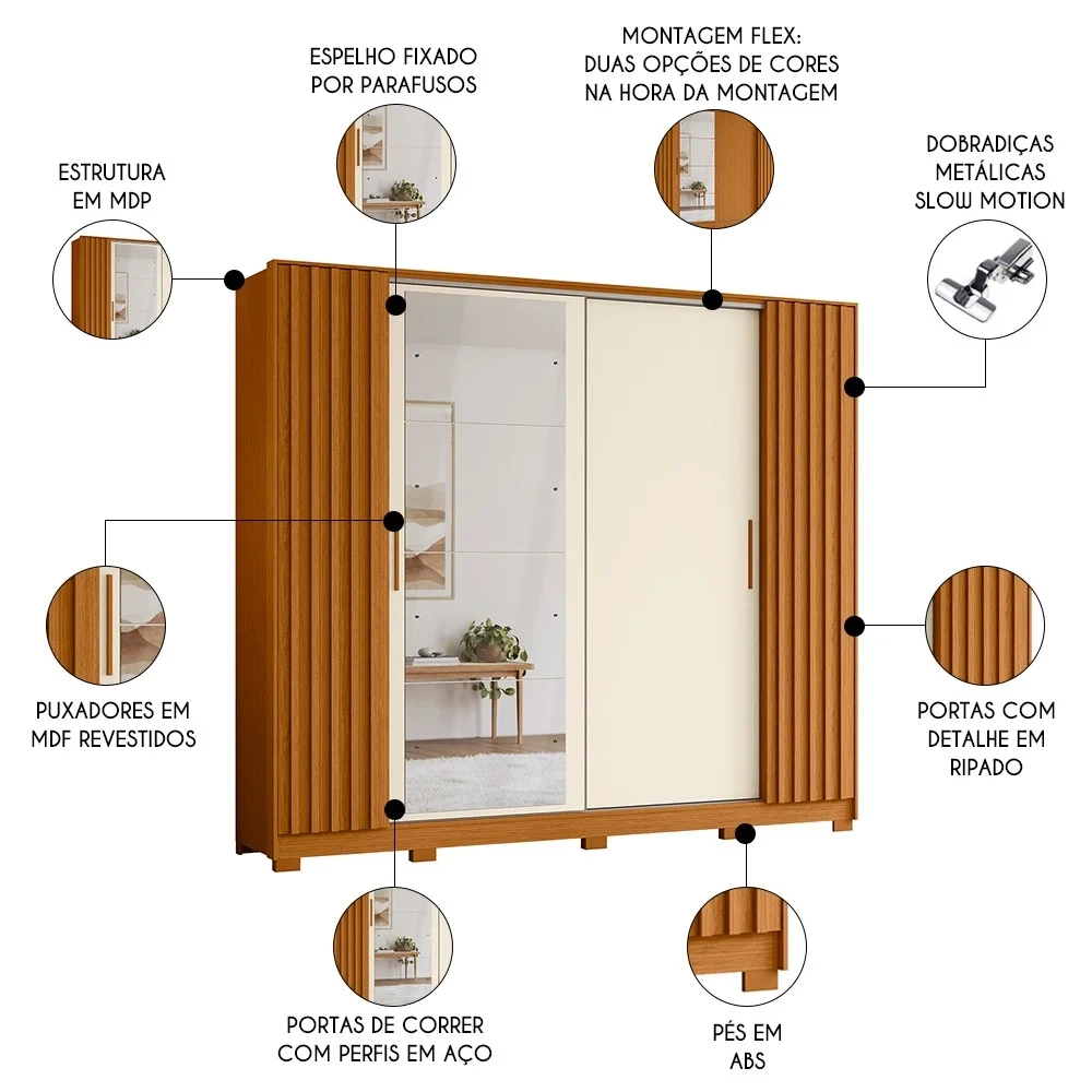 Guarda Roupa Casal 4 Portas 4 Espelhos Jacarandá Flex Cinamomo/Off White - Albatroz