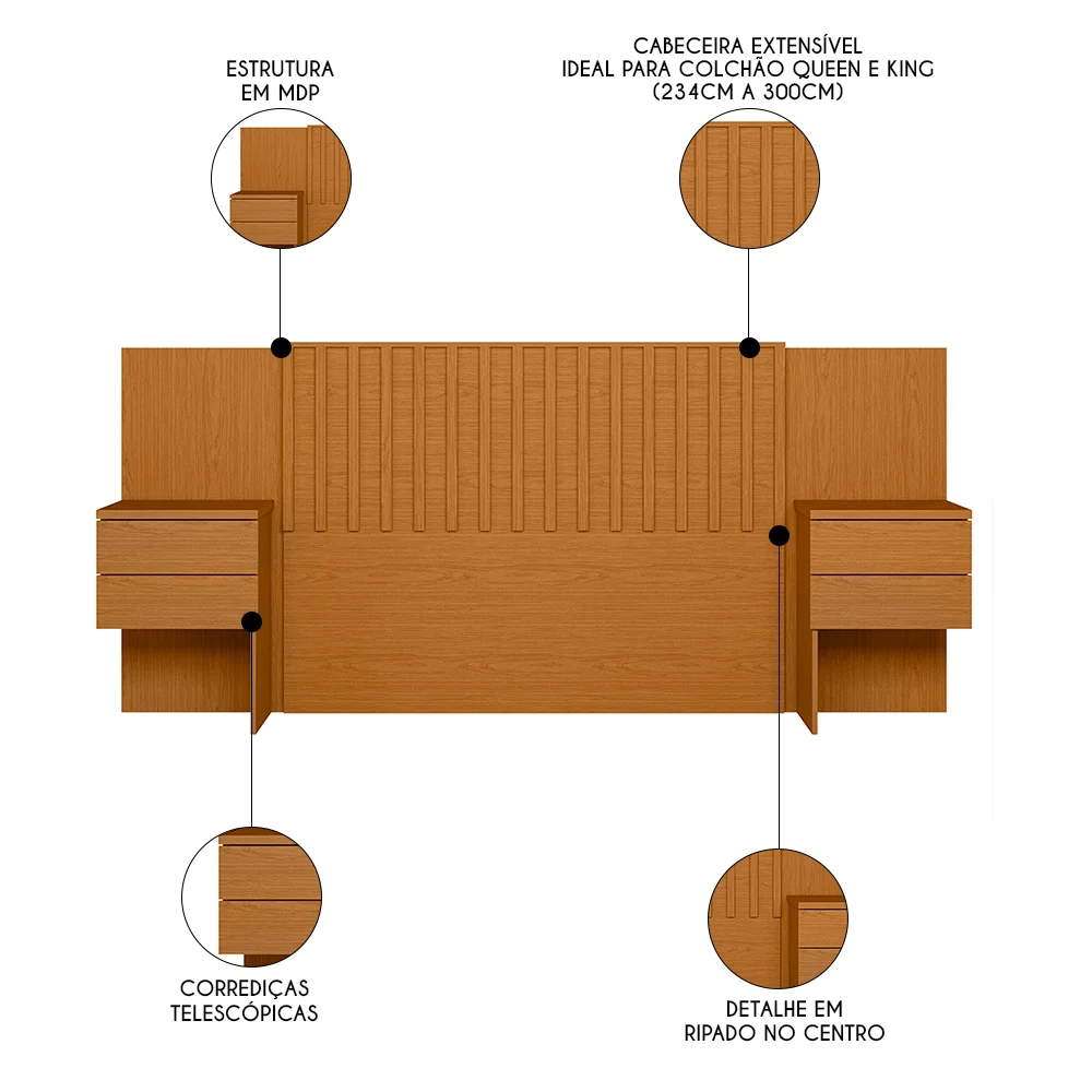Cabeceira Casal Queen e King com 2 Mesas Laterais Olinda Cinamomo - Albatroz