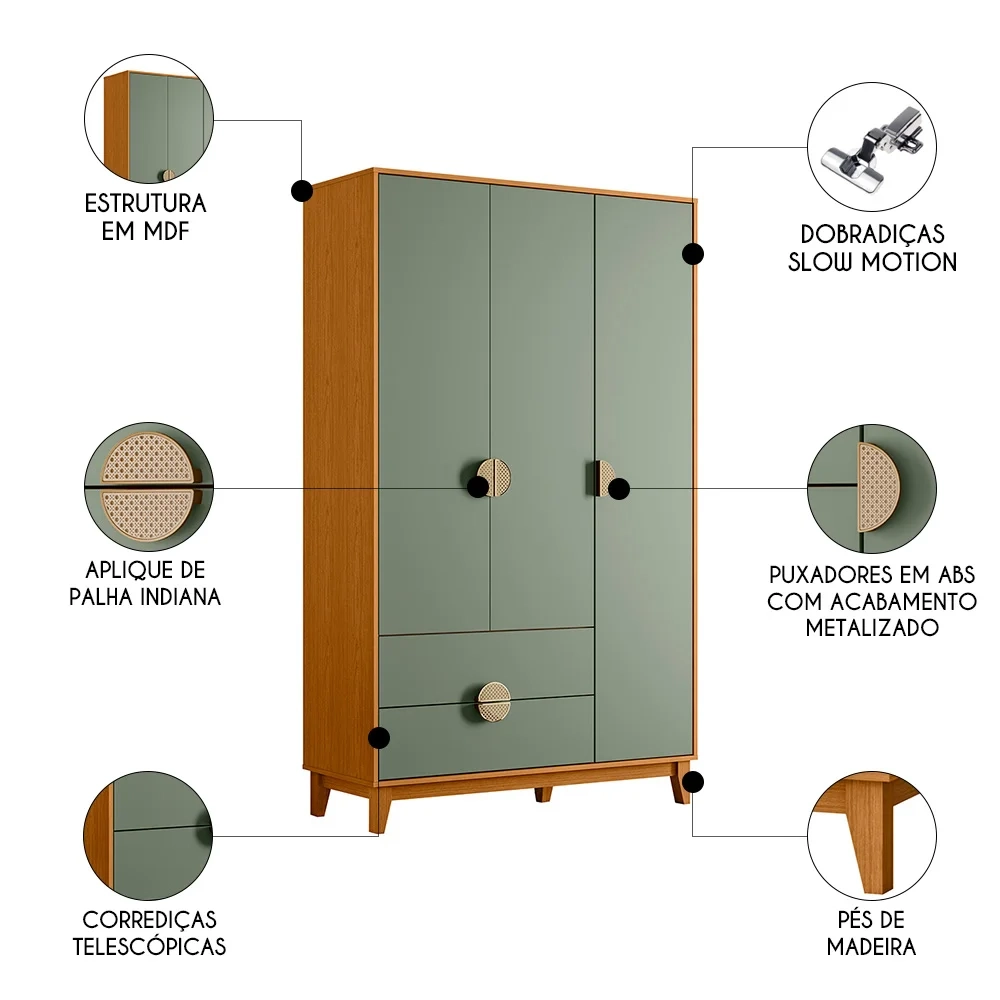 Guarda Roupa Solteiro 3 Portas 2 Gavetas 120cm Ipê Cinamomo/Sálvia - Albatroz