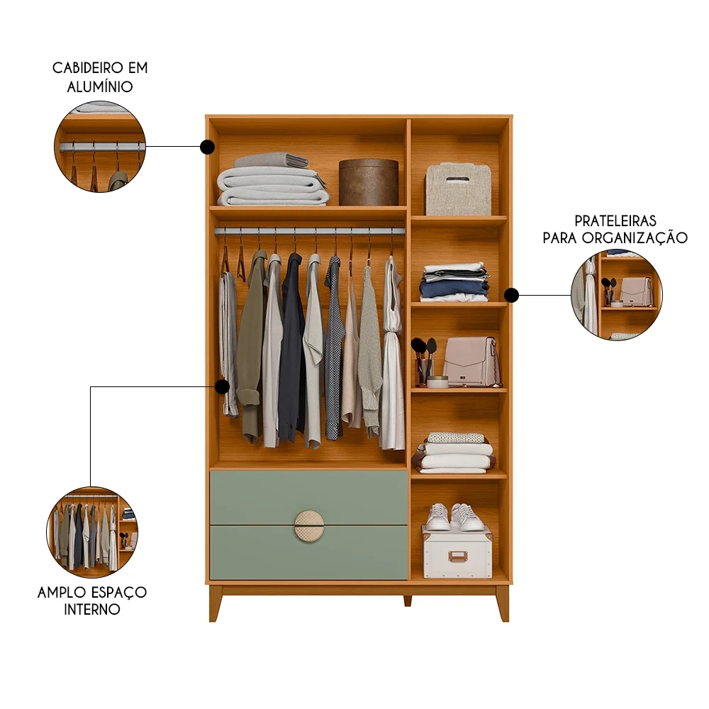 Guarda Roupa Solteiro 3 Portas 2 Gavetas 120cm Ipê Cinamomo/Sálvia - Albatroz