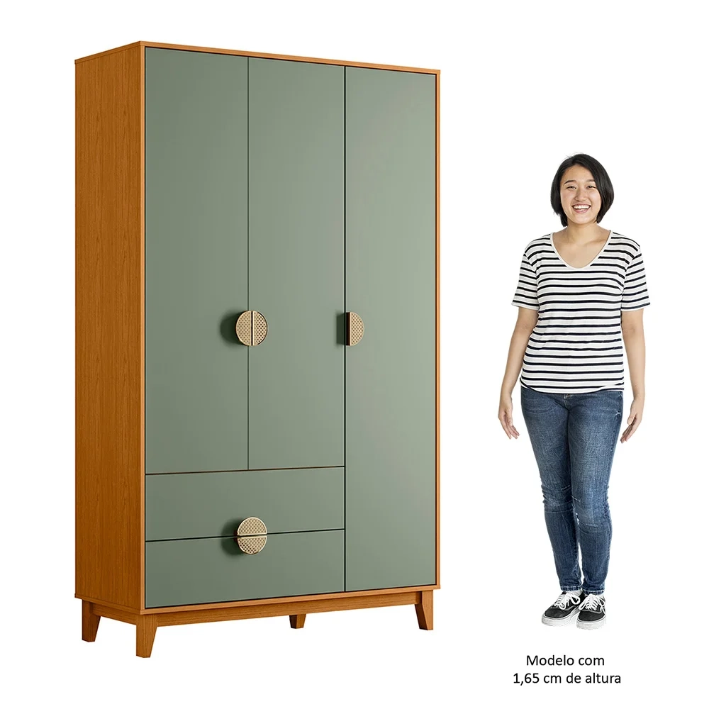 Guarda Roupa Solteiro 3 Portas 2 Gavetas 120cm Ipê Cinamomo/Sálvia - Albatroz