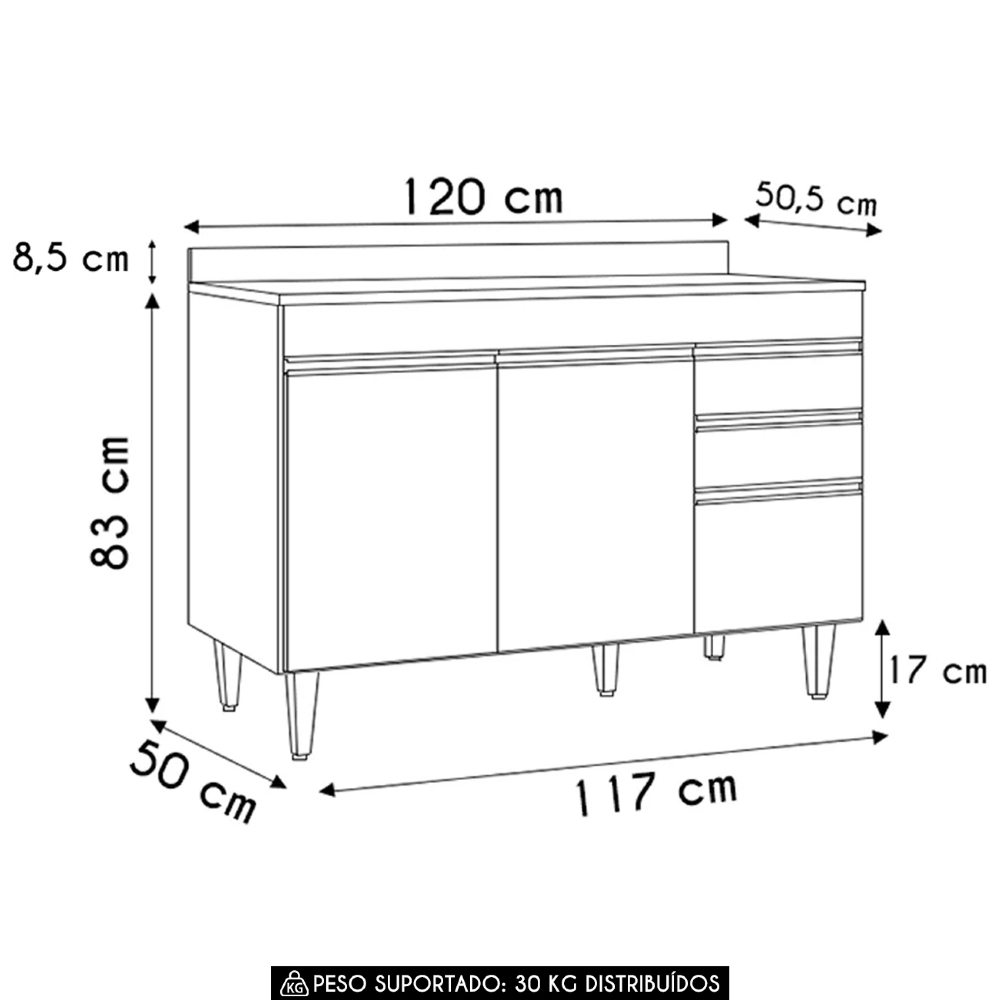 Balcão de Cozinha Para Pia Com Tampo 120cm Michigan Cinza   - Lumil