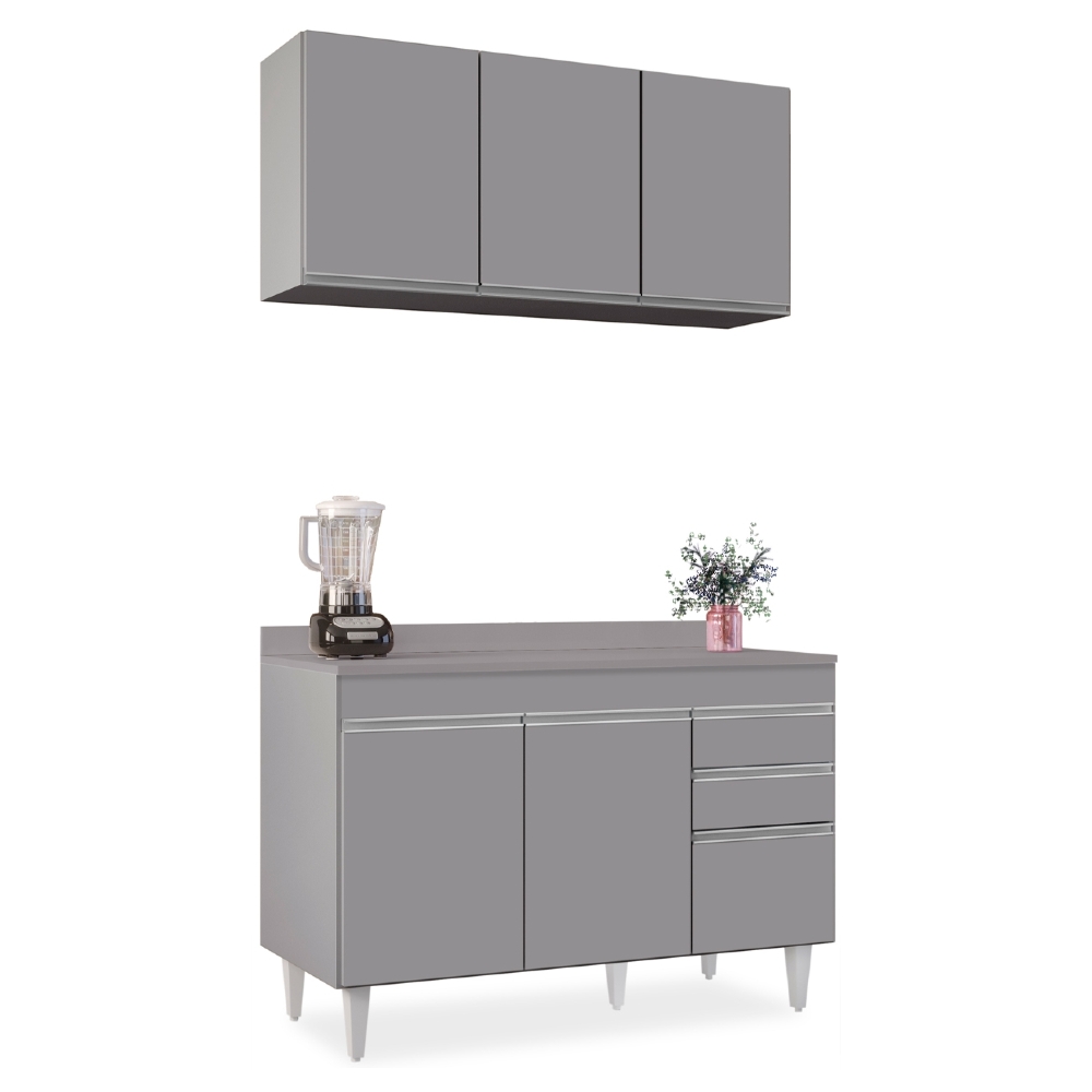 Armário Cozinha e Balcão Com Tampo 120cm Michigan Cinza     - Lumil
