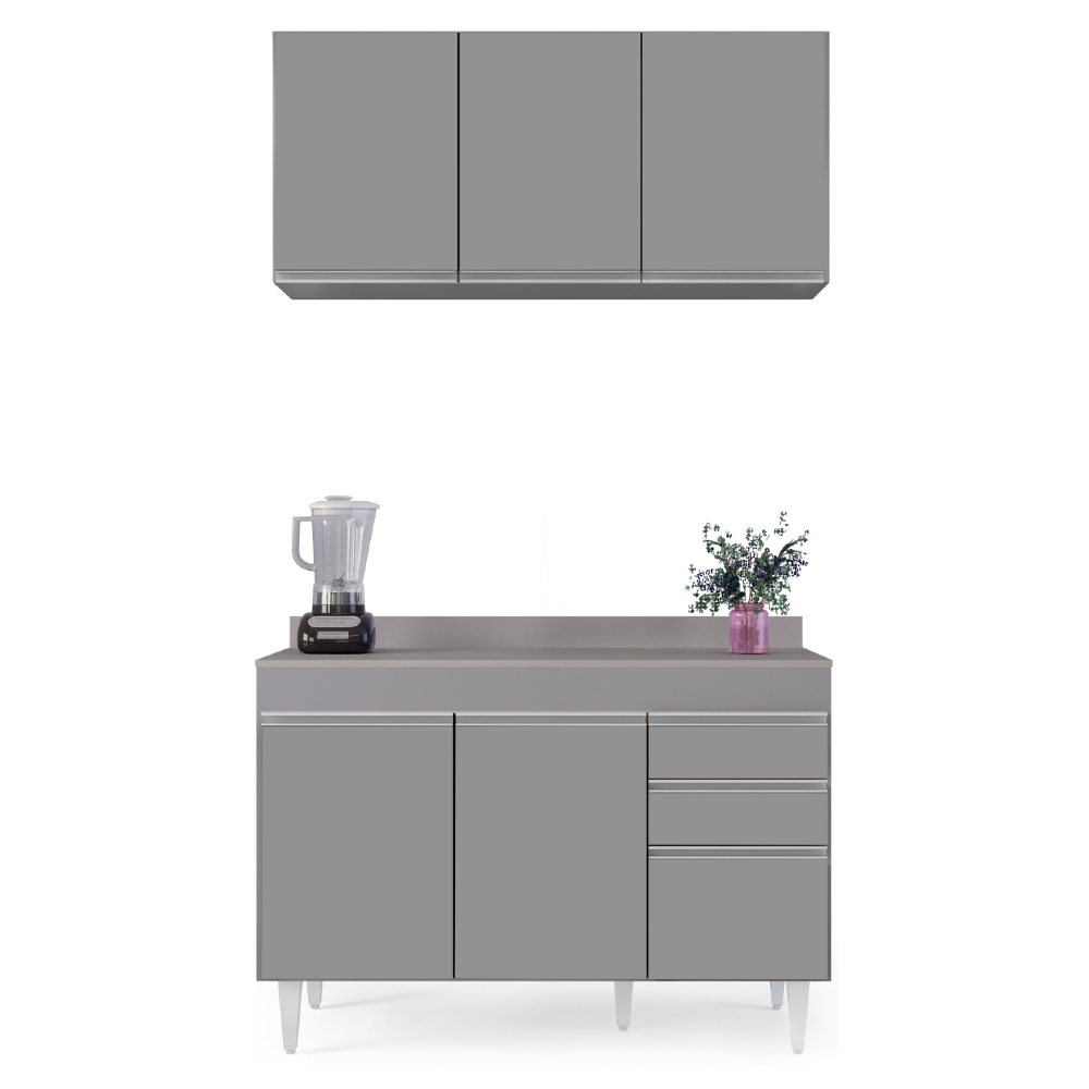 Armário Cozinha e Balcão Com Tampo 120cm Michigan Cinza     - Lumil