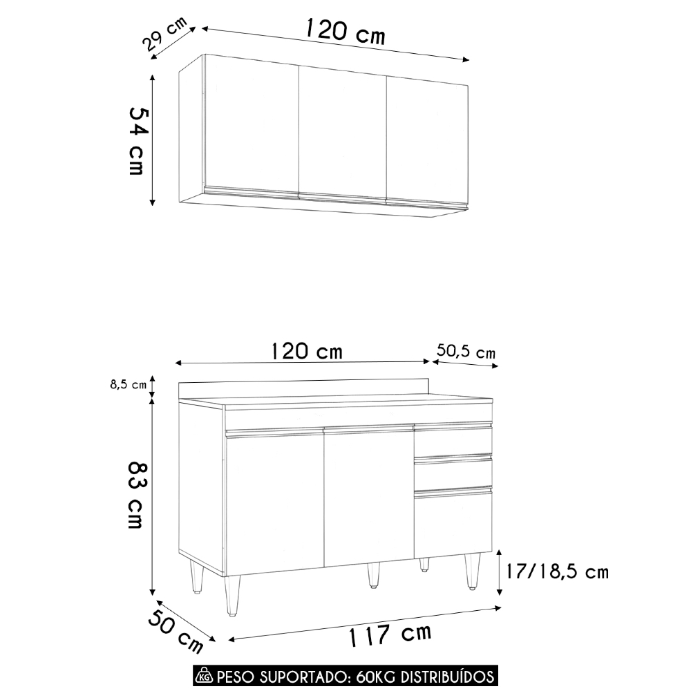 Armário Cozinha e Balcão Com Tampo 120cm Michigan Cinza     - Lumil