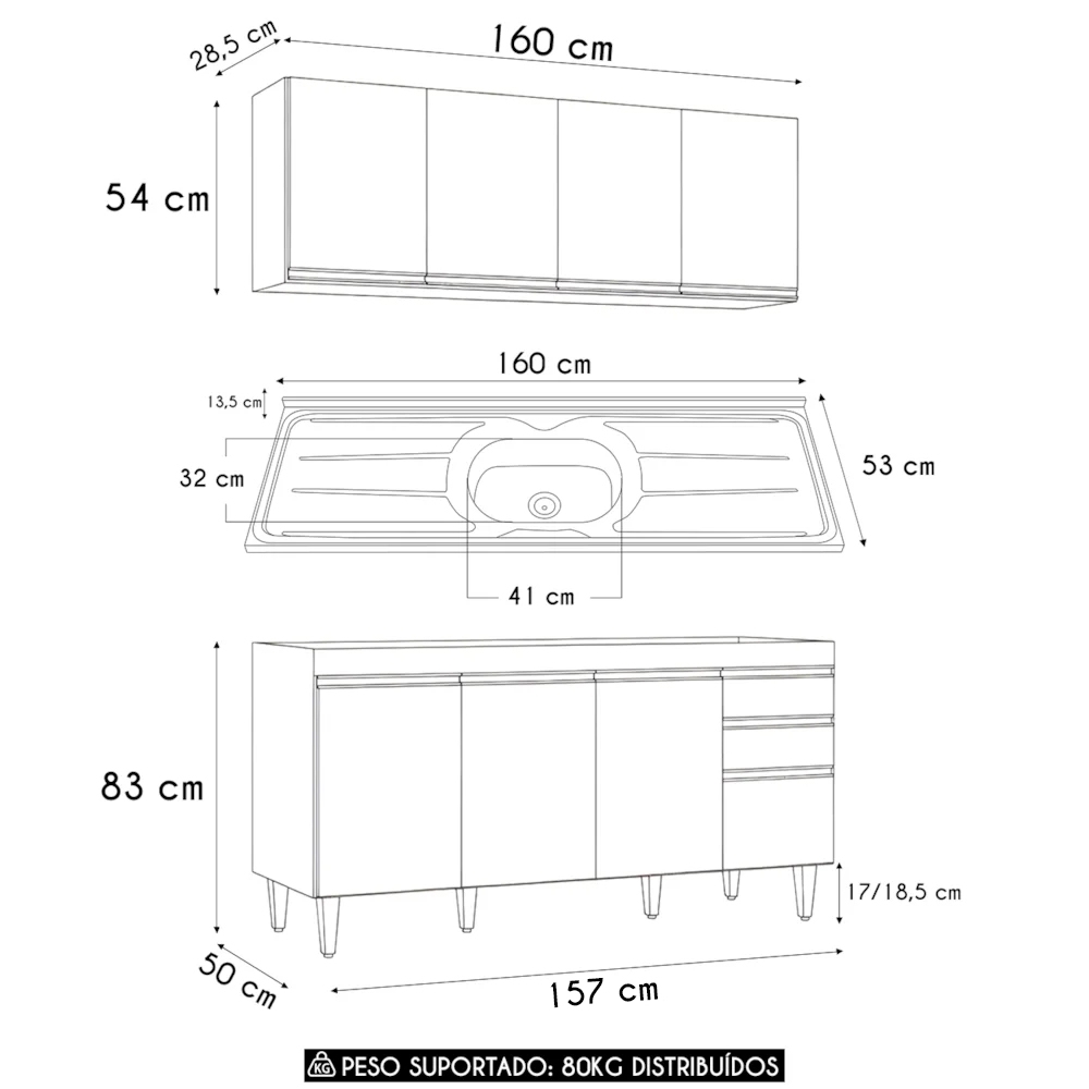 Armário Cozinha e Balcão Com Pia 160cm Arkansas Castanho    - Lumil