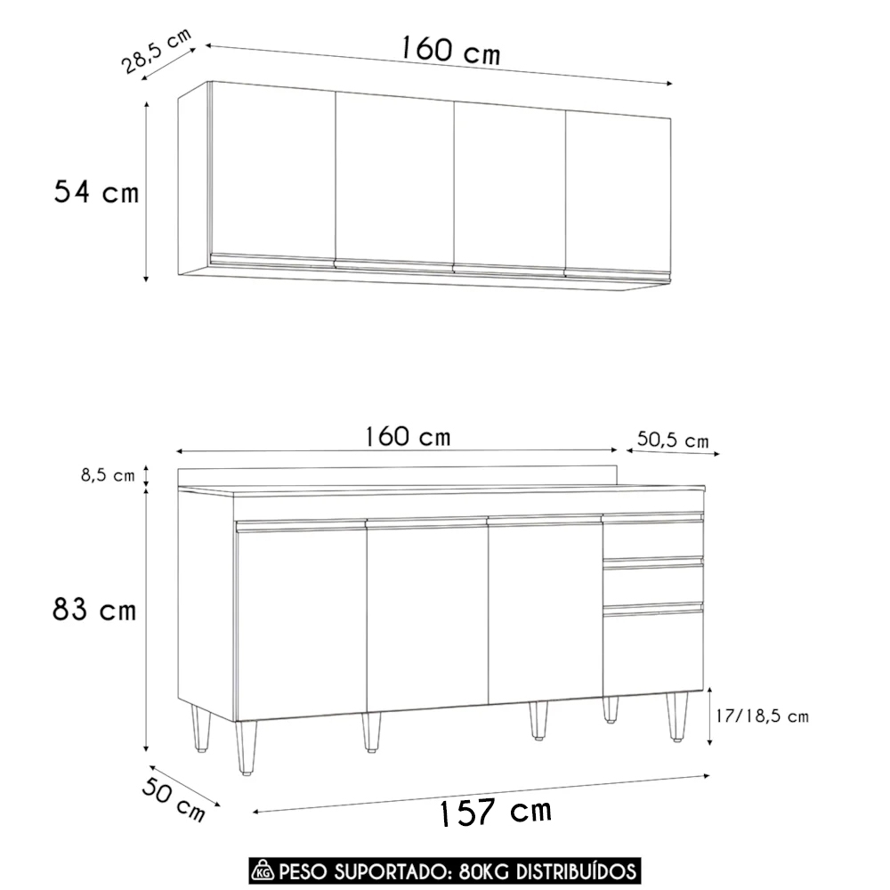 Armário Cozinha e Balcão Com Tampo 160cm Arkansas Cinza     - Lumil
