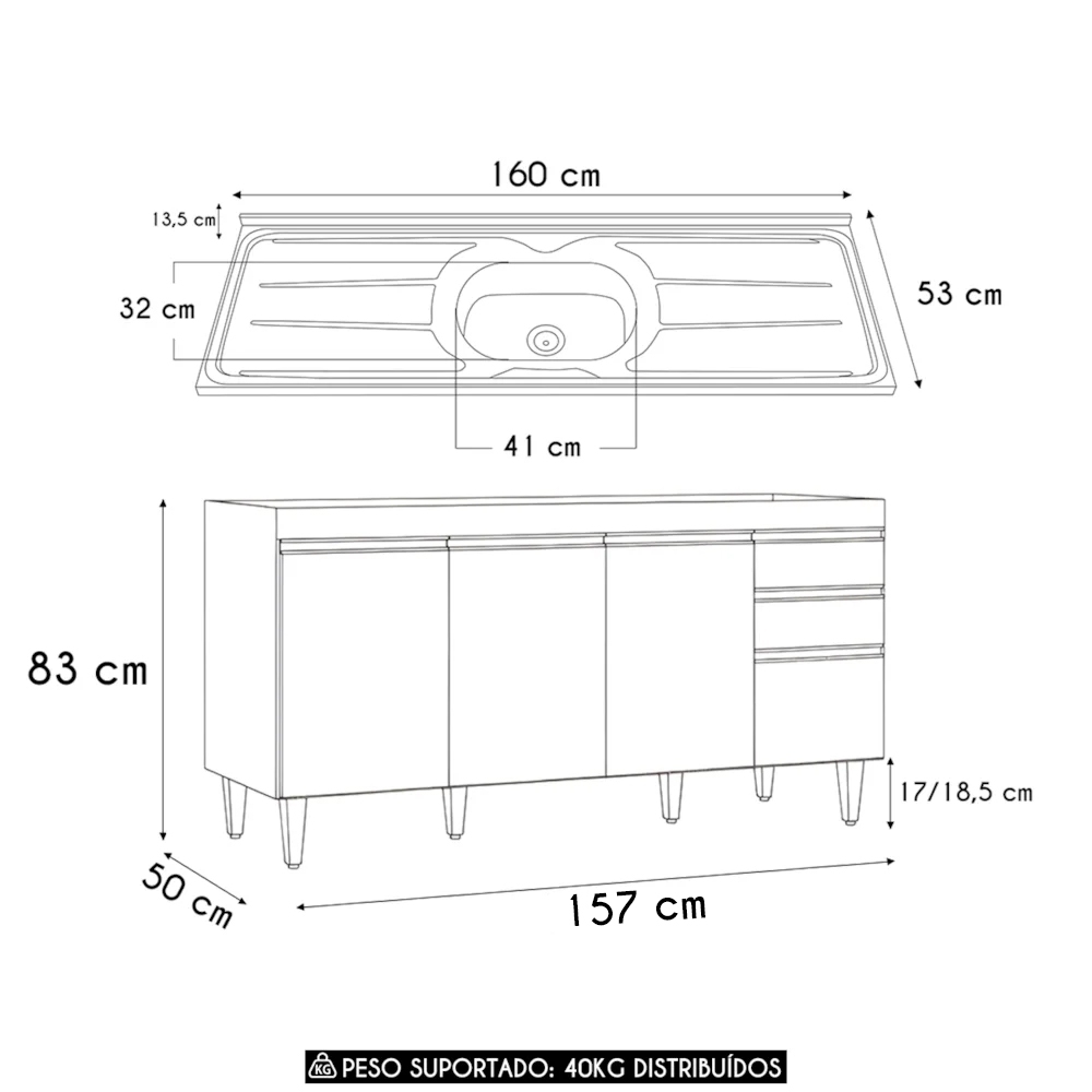 Balcão de Cozinha Com Pia Inox 160cm Arkansas Castanho      - Lumil
