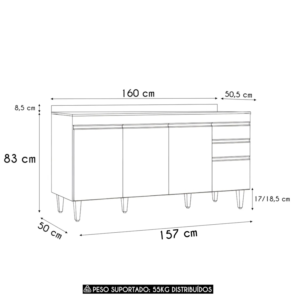 Balcão de Cozinha Para Pia Com Tampo 160cm Arkansas Cinza   - Lumil