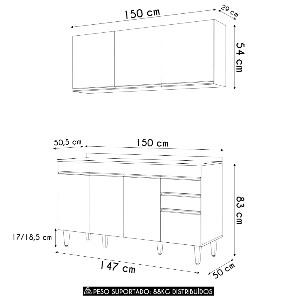 Armário Cozinha e Balcão Com Tampo 150cm Marrocos Castanho  - Lumil