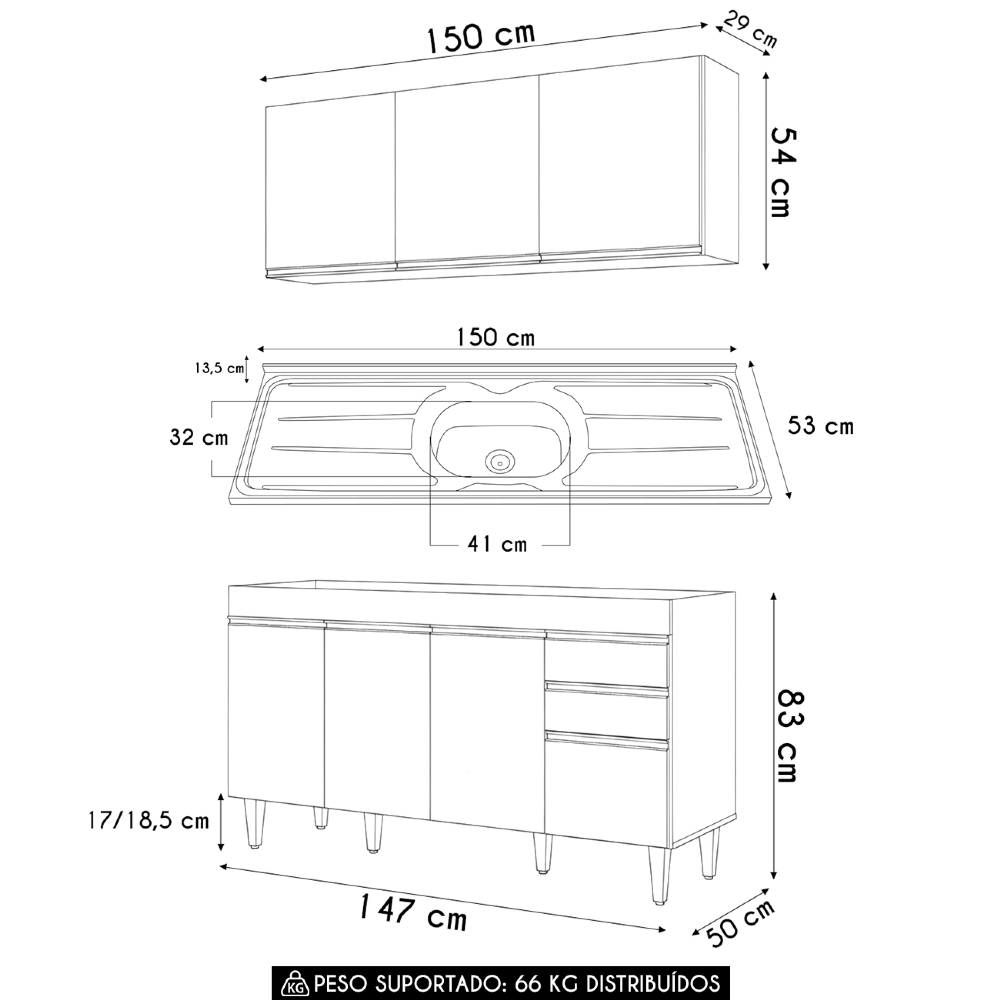 Armário Cozinha e Balcão Com Pia 150cm Marrocos Cinza      - Lumil
