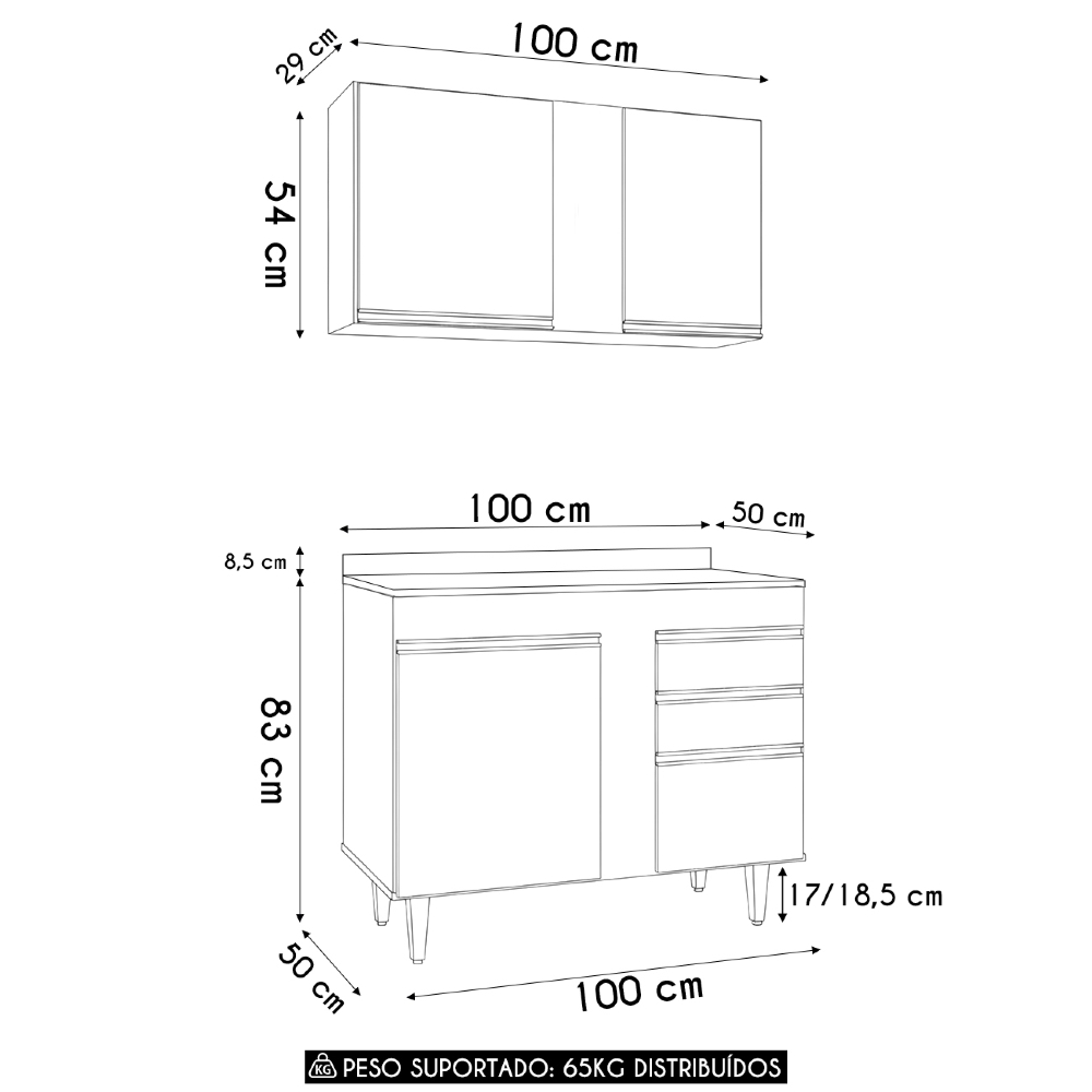 Armário Cozinha e Balcão Com Tampo 100cm Luziania Cinza Claro/Castanho - Lumil