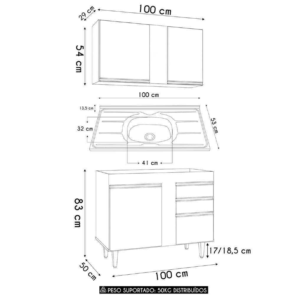 Armário Cozinha e Balcão Com Pia 100cm Luziania Cinza Claro - Lumil