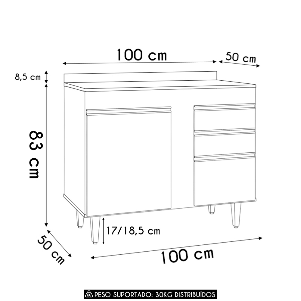 Balcão de Cozinha Para Pia Com Tampo 100cm Luziania Cinza Claro - Lumil