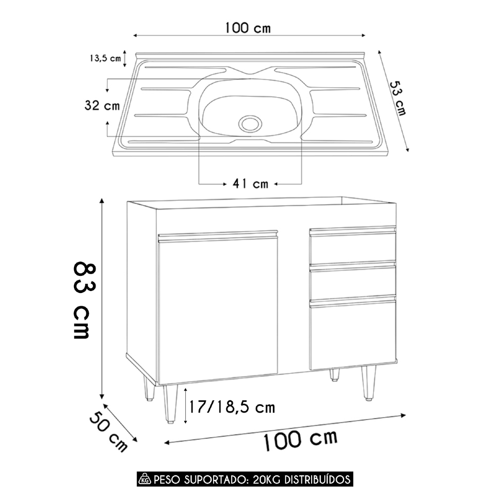 Balcão de Cozinha Com Pia Inox 100cm Luziania Cinza Claro   - Lumil