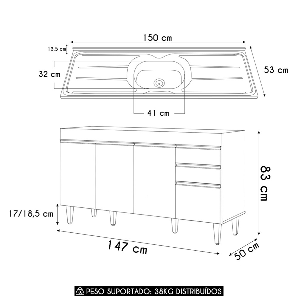 Balcão de Cozinha Com Pia Inox 150cm Marrocos Castanho      - Lumil