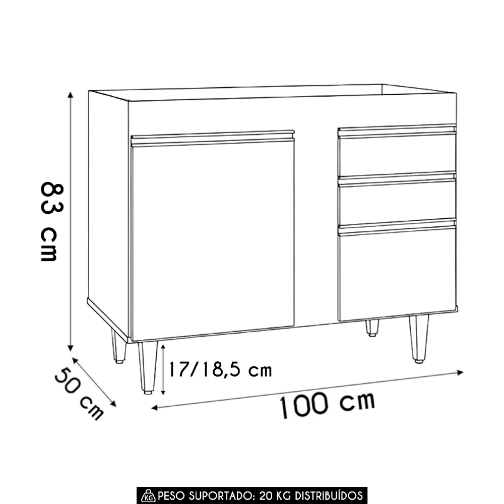 Balcão de Cozinha Para Pia 100cm Sem Tampo Luziania Cinza Claro - Lumil